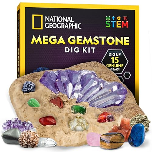 NATIONAL GEOGRAPHIC Kit de Fouille Géante de Pierres Précieuses - Découvrez 15 Véritables Gemmes et Cristaux, Kit Scientifique pour Enfants