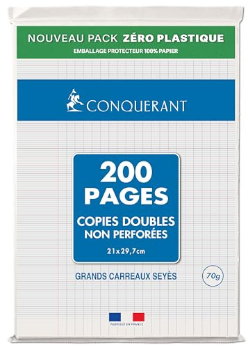 Conquérant Copies Doubles non perforées A4 70 g 200 pages grands carreaux seyès Blanc