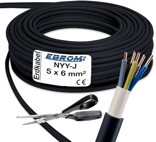 Cable subterráneo, Corriente de alta intensidad – (NYY-J 5 x 6 mm²) – Negro – Largo a elegir a partir de 1 m – Se envía en una sola pieza