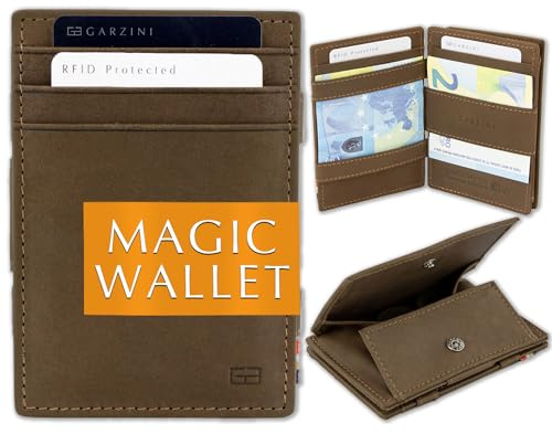 GARZINI Magic Wallet, RFID Geldbeutel für Herren aus echtem Leder für 7 Karten und Münzfach, Mini Geldbörse als Geschenk für Männer, Java Brown