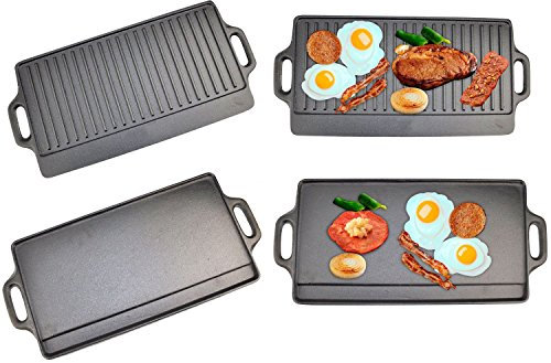 X-Large Non-Stick Cast Iron Reversible Griddle Plate Pan Double Sided for BBQ & Hob Cooking with Non-Stick Ridged and Flat Surfaces and Drip Tray, 50 x 23cm