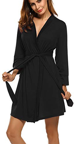 HOTOUCH Womens Robes V Neck Knee Length Lightweight Bathrobe Soft Lightweight Belt Attached Robe with Pockets Black M