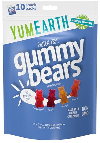 YumEarth Organic Fruit Flavored Gummy Bears, 10- .7oz. Snack Packs, Allergy Friendly, Gluten Free, Non-GMO, Dye Free