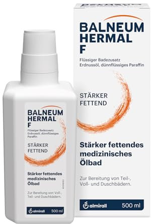 Balneum Hermal F, flüssiger Badezusatz, stark fettendes medizinisches Ölbad, unterstützend bei Hauterkrankungen mit sehr trockener, juckender Haut, mit Erdnussöl, auch für Babys und Kinder, 500 ml