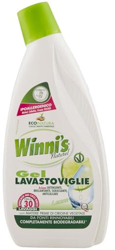 Winni's - Detersivo Gel Lavastoviglie Ipoallergenico, 30 Lavaggi, Azione Detergente, Sgrassante e Brillantante, Fragranza di Limone, con Materie Prime di Origine Vegetale, 750 ml