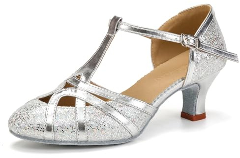 DKZSYIM Glitter Women Latin Dance Shoes Closed Toe Ballroom Salsa Tango Practice Performence Party Dancing Shoes,511-Silver-5,US 6