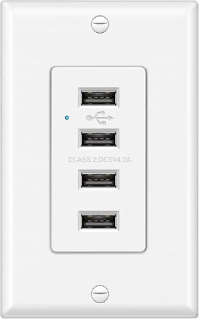 BESTTEN USB Receptacle Outlet, 4.2A/21W High-Speed 4 Port USB Wall Charging Outlet 125VAC Input, Quad Type-A Ports with LED Indicator, Decorator Wallplate Included, UL Listed, White