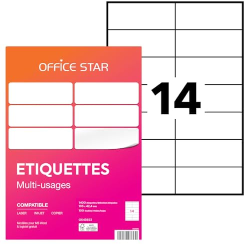OFFICE STAR - 1400 Étiquettes Autocollantes Multi-Usages Blanches Personnalisables Imprimables - Format 105 x 42,4 mm - Impression Laset Jet d'Encre et Copieur
