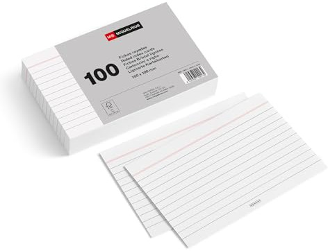 Miquelrius - Schede in Cartoncino Bianche Rigate 100 Pz, 150 x 100 mm | Flashcard da Studio in Carta Offset 180 g/m² per Appunti, Riassunti, Esami e Concorsi