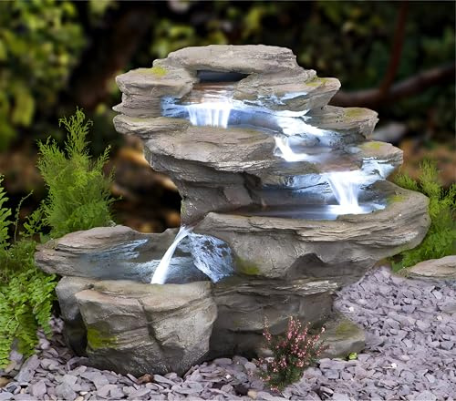 Primrose 65cm River Leap 4 Tier Stone Effect Cascading Garden Water Feature Waterfall with LED Lights