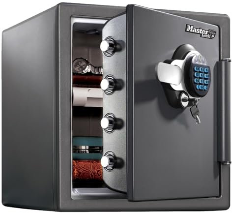 MASTER LOCK Certified Fireproof and Waterproof Safe, 33L, 453 x 415 x 491 mm, Digital Combination plus override Key with Backlit Keypad, for home and professionals, Grey Medium