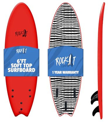 Rock-It Albert 6ft Soft Top Surfboard, Surf Board for kids, Tabla De Surf, Kids Surfboard, Surfing Board designed for beginners - Innovative design for safety & easy to paddle (Red)