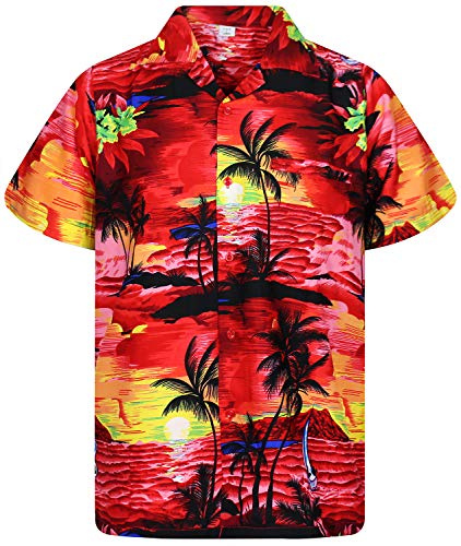 V.H.O. Camisa-Hawaiana Hombre Manga-Corta Bolsillo-con-Hendidura Elegante Funky Hibisco Floral Unisexo