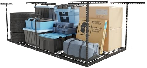 FLEXIMOUNTS 4x8 Overhead Garage Storage Rack, Adjustable Organization System, Heavy-Duty Metal Ceiling Racks, 750lbs Weight Capacity, Black, Classic Series