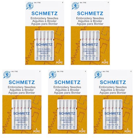 SCHMETZ Embroidery Sewing Machine Needles - Precision Needles, Assorted Sizes, 5- Needle Cards, Pack of 5
