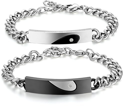 JewelryWe Pulseras para Parejas, 2PCS Pulseras de Parejas Pulseras Enamorados Brazaletes de Amor, Acero Inoxidable, Color Negro y Oro Rosa,Regalo de San Valentin y Navidad