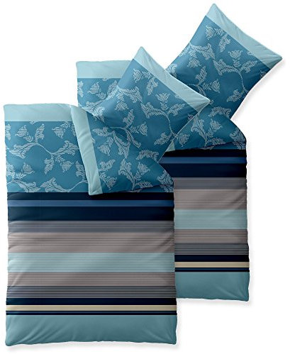 aqua-textil Trend Bettwäsche 135x200 cm 4tlg. Baumwolle Bettbezug Isabis Streifen Blumen Blau Türkis Beige