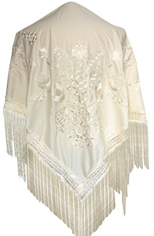 La Senorita Spanish Flamenco Dance Shawl cream white white flowers size L