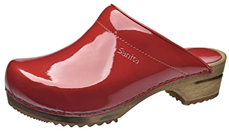 Sanita Classic Patent | Zuecos Abiertos | Producto Artesanal Original para Mujer | Zuecos de Piel con Suela de Madera | Rojo | 42 EU