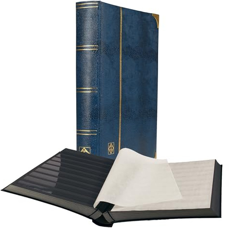 LIGHTHOUSE – “Comfort Deluxe” Stockbook for Stamps - Padded Alligator Leatherette Cover 64 Black Cardstock A4 Pages with 9 Strips, Glassine Interleaves, Metal Corners, and Double Linen Hinges - Blue