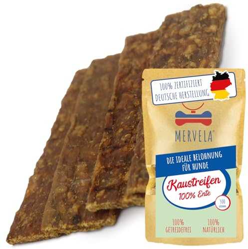 MERVELA® Ente Fleischstreifen, 500 Gramm [Qualität aus Deutschland] für Allergiker Sensitive Hunde, Belohnung, Trainingssnack, getreidefrei, Hundesnack, hypoallergen, Hunde Leckerli, Kausnack, Protein