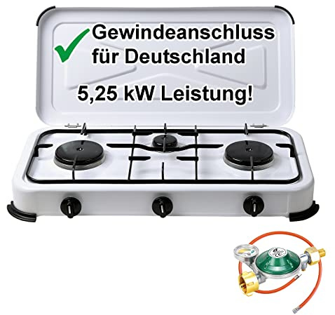 Bluecraft Gaskocher 3-flammig, 5,25 kW, Manometer, Gasregler & Schlauch