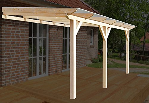 H.A.P Premium Toit de terrasse en bois lamellé 400 x 350 cm (l x p) + plaques alvéolaires + accessoires – Non traité / naturel – Toit de terrasse en bois avec toit en carton pour terrasses, jardins d'hiver