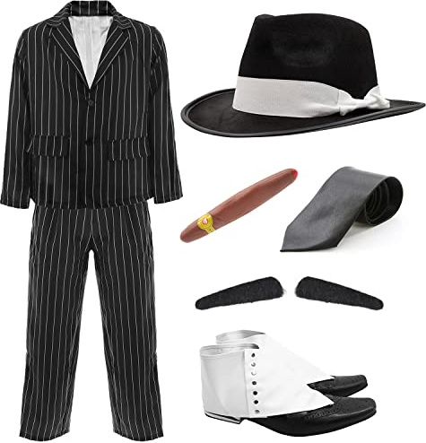 Adults Gangster Costume – Large - Black and White Gangster Pinstripe Suit Jacket, Pinstripe Suit Trousers, Black Fedora White Band, Fake Cigar, Spiv Tash, Black Tie and Spats – 1920's Film & TV Fancy Dress Costume