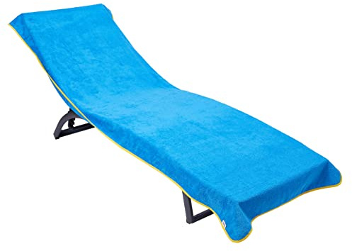 Sowel® Frottee Liegen Auflage, 100% Bio-Baumwolle, Strandtuch mit Kapuzenüberschlag, rutschfest für Strand- und Garten-Liegen, 220 x 85 cm, Blau/Gelb