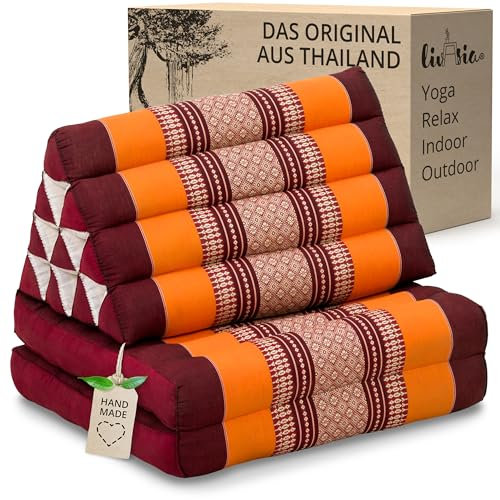 livasia Thaikissen mit 2 Auflagen - 120x50x8cm - Dreieckskissen mit Sitzkissen, Keilkissen mit Kapok, Rückenkissen faltbar, Thaimatte zum Klappen, handgefertigt, Meditationskissen (Orange)