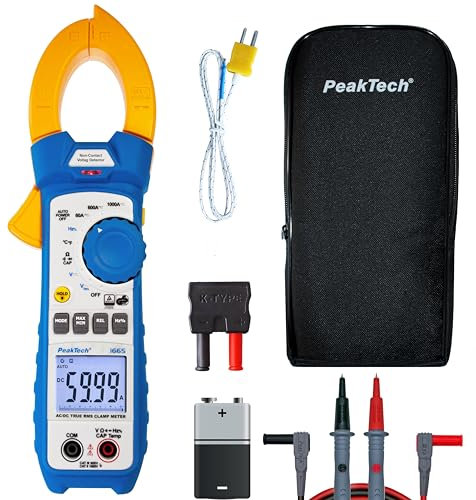 PeakTech 1665 – Pinza amperimétrica RMS 1000A AC/DC lámpara LED, 6000 cuentas, multímetro digital, TUV/GS, pinza de corriente, medidor de voltaje, amperímetro, probador de continuidad - Máx 600 V