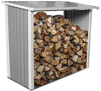 CHARLES BENTLEY Metal, Log, Wood Store, Shed, Garden Storage, Raised Floor, Slanted Roof, Back Panels, Gutter Included, Steel, Light Grey, Beige Trim, Log Store, Fire Wood, Logs, 6x3ft (182x89x148cm)