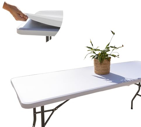 Glop - Mantel Blanco Mesa Rectangular Ajustable, Funda Mesa Plegable [182 x 76 cm] de Tela Elástica, Repelente al Agua, Cubre Mesa para Bodas, Comuniones y Eventos - Lavable