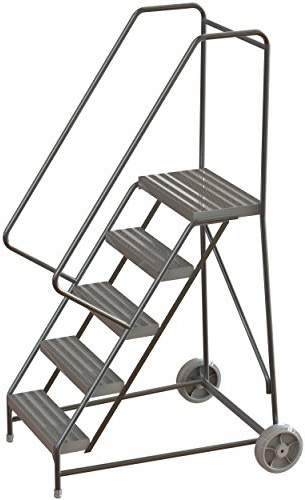 Tri-Arc WLARTR105244 5-Step Aluminum Wheelbarrow Style Rolling Ladder with 24 Wide Solid Ribbed Tread Steps, 14 Deep Top Platform with Handrails and Guardrails
