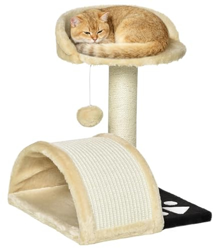 PawHut Árbol Rascador para Gatos Pequeño Altura 40 cm de 2 Niveles con Poste Tablero para Rascar Plataformas y Juguete de Bola Colgante 35,5x37x46 cm Beige