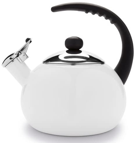 Farberware Luna Water Kettle, Whistling Tea Pot, Works For All Stovetops, Porcelain Enamel on Carbon Steel, BPA-Free, Rust-Proof, Stay Cool Handle, 2.5qt (10 Cups) Capacity (White)