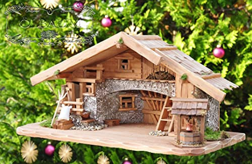 Große Weihnachtskrippe + Zubehör, 65-70 cm Ausführung: massiv Vollholz komplett mit Brunnen + LED, Massivholz, Krippe OHNE FIGUREN, Krippenstall auf Wunsch* mit Premium-Krippenfiguren und