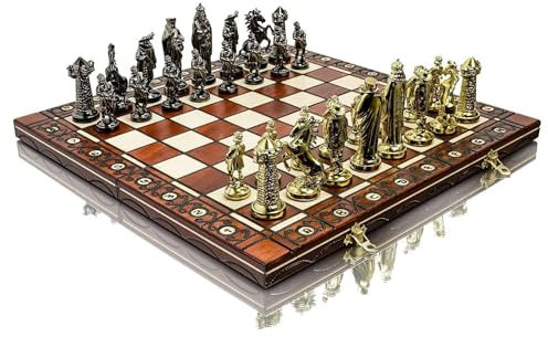 Luxus mittelalterlichen GOLD 40cm/16 metallisierte Kunststoff Metall gewichtet Schachfiguren & große dekorative Holz Schachbrett!!!