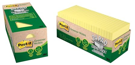 Post-it Greener Notes, America’s #1 Favorite Sticky Note, 3 x 3-Inches, Canary Yellow, 24-Pads/Cabinet Pack