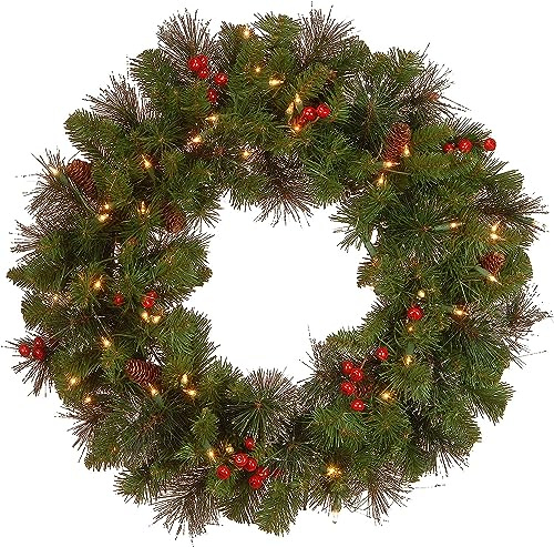 National Tree Company 24 in Pre-Lit Crestwood Spruce Artificial Christmas Wreath, Christmas Decoration with Glitter, Pinecones, Red Berries, 50 Clear Lights, 160 Tips, Green