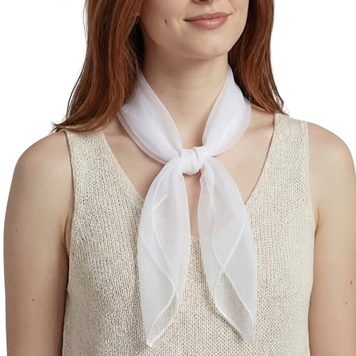 Basic Sense Square Scarf - Embossed Organza-Feel Sheer Necktie - 1950s 60s Retro Style Lightweight Headwrap for Women & Groups - 24 x 24 inches, White