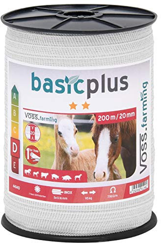 VOSS.farming Weidezaunband, 200 m, 20 mm breit, mit 5X 0,16 NIRO Elektrozaun Stromzaun Pferdezaun