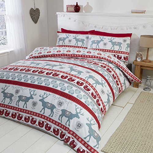 Scandi 100% Brushed Cotton Flannelette Quilt Duvet Cover and 2 Pillowcase Bedding Bed Set, Red/Multi-Colour, King