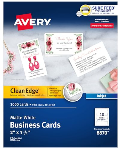 Avery Clean Edge Printable Business Cards with Sure Feed Technology, 2 x 3.5, White, 1,000 Blank Cards for Inkjet Printers (08870)