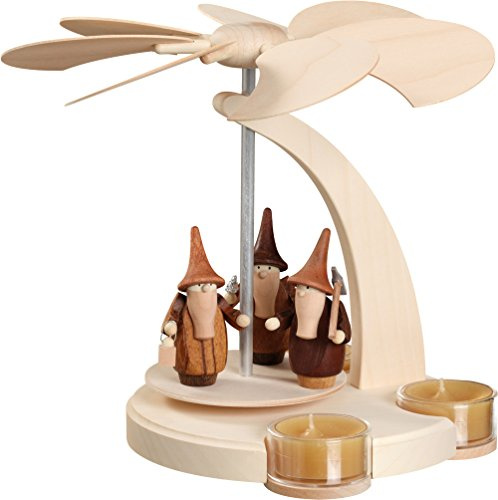 Seiffener Volkskunst piramide natalizia tedesca con gnomi, 1 piano, altezza 18 cm, naturale, originale Erzgebirge SV 16254