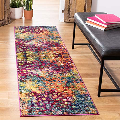 SAFAVIEH Boho Teppich für Wohnzimmer, Esszimmer, Schlafzimmer - Monaco Collection, Kurzer Flor, Pink und Multi, 66 X 244 cm