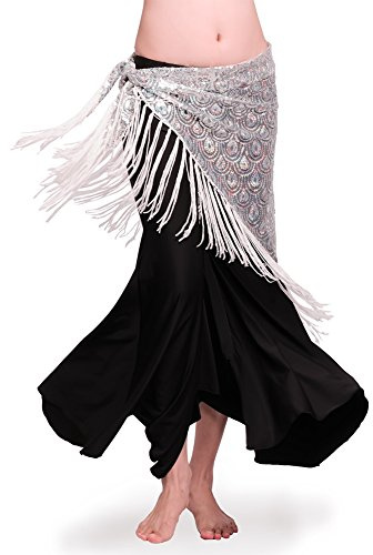 ROYAL SMEELA Belly Dance Hip Scarf Tassel Triangle Hip Scarves Skirt Peacock Tribal Belly Dancing Costume for Women, Silver