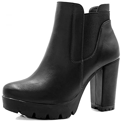Allegra K Femmes Chunky Talon Haut Platform Zipper Chelsea Boots Noir 36