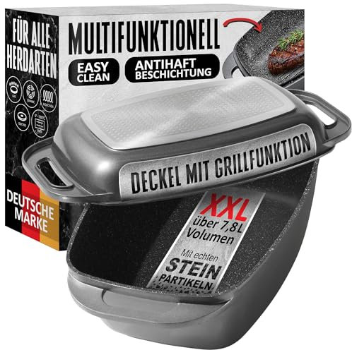 STONELINE Aluguss Bräter mit Deckel 43x26 cm, 8,4 L Bräter Induktion Backofengeeignet Für alle Herdarten, Deckel als Auflaufform verwendbar, Topf Antihaft Beschichtet mit echten Steinpartikeln, Grau