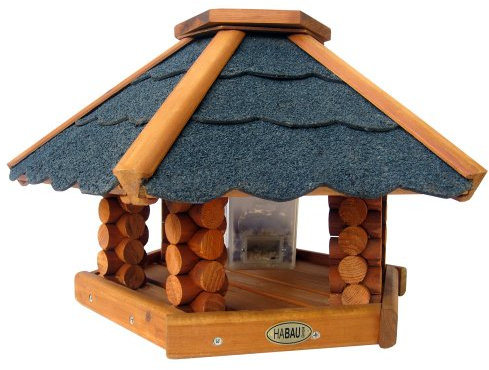 HABAU Vogelhaus mit Futtersilo und Ständer | Futterhaus für Wildvögel montiert | Silo aus Kunststoff | Sechseckiges Haus für Wildvögel (Schweden)